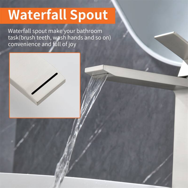 Waterfall Single Handle Bathroom Vessel Sink Faucet with Pop-up Drain 304 Stainless Steel 1 Hole High Tall Basin Vanity Taps