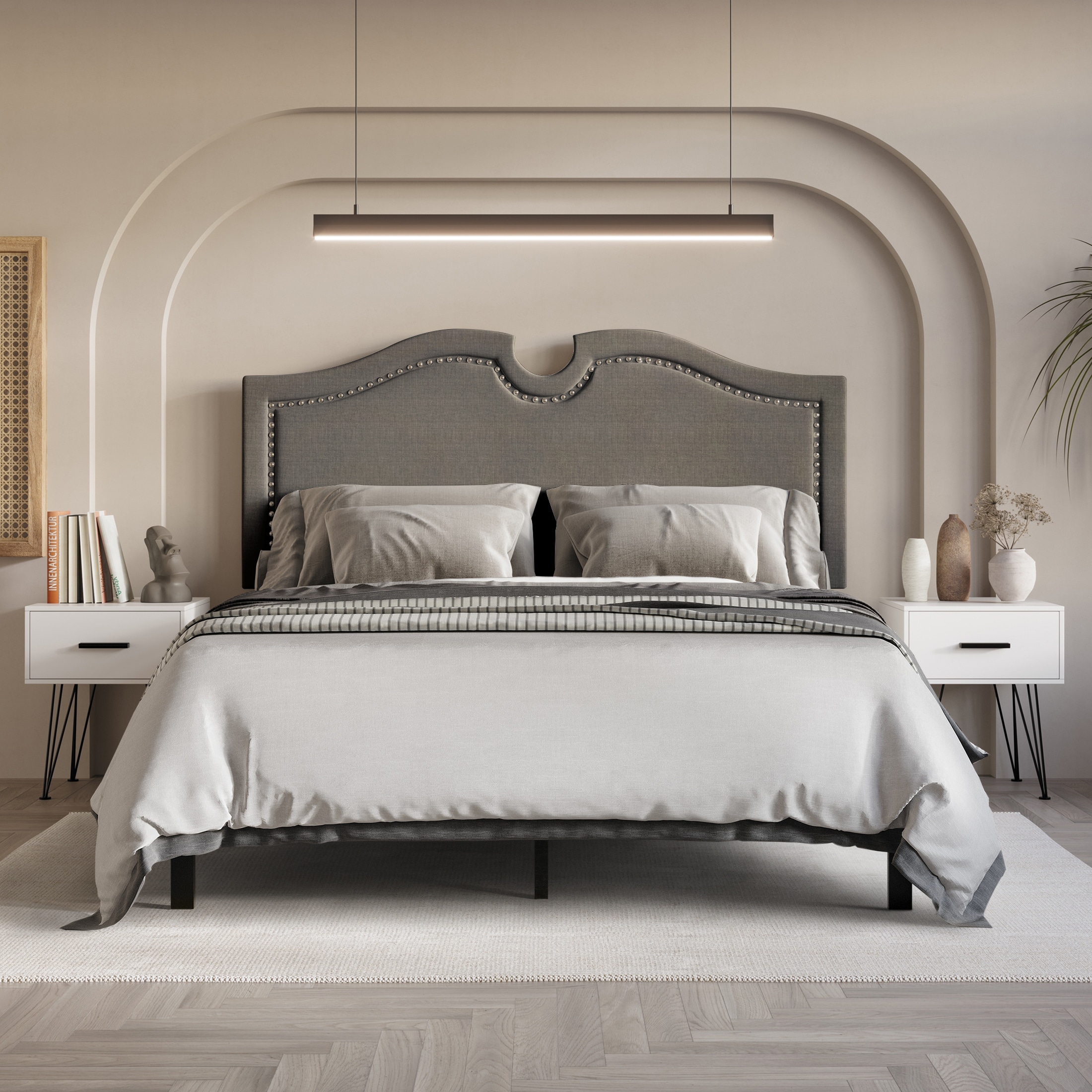 CraftPorch Modern Linen Nailhead Curvaceous Upholstered Bed