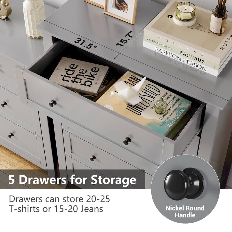 5 Drawer Dresser with Deep Drawers and Nickel Round Handle