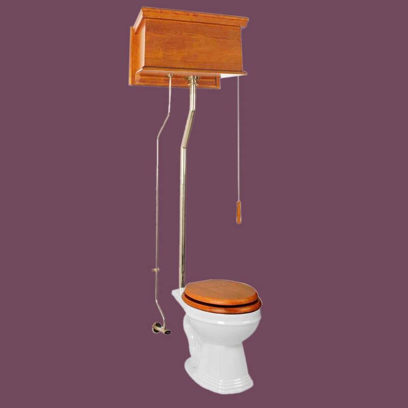 High Tank Toilet - Light Mahogany Flat Tank, Brass L Pipe and Round White Bowl Renovators Supply