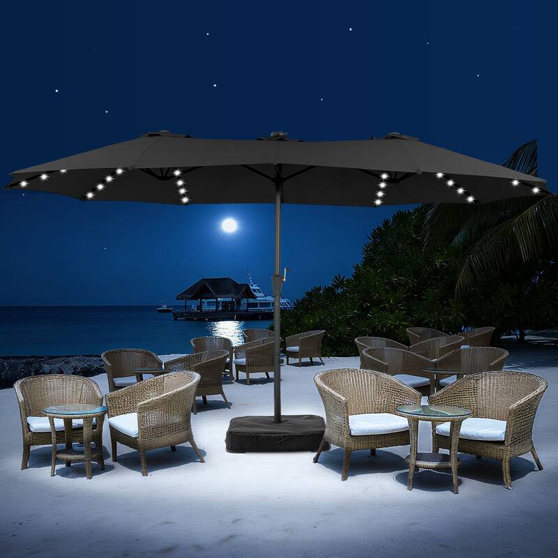 15ft Patio Umbrella Outdoor Market Umbrella with Base and LED Lights - Black