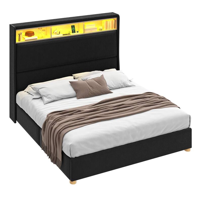 Moasis Corduroy Upholstered Platform Bed Frame with Charging Station and RGB LED Lights