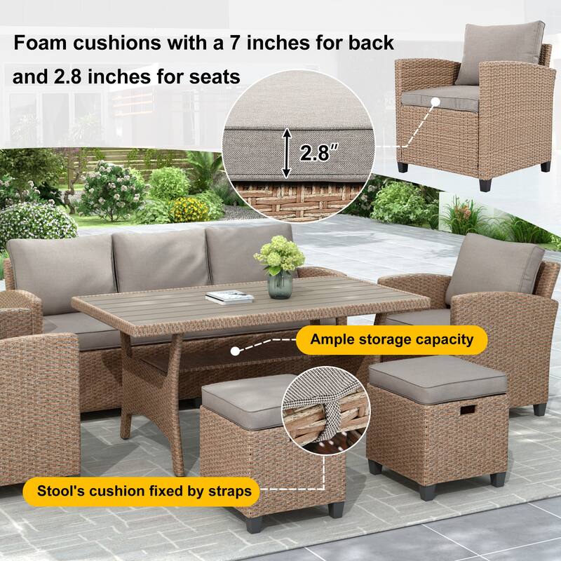 6 Piece Outdoor Patio Conversation Furniture Set with Coffee Table, All Weather PE Rattan Sofa Set with 2 Ottoman and Cushions