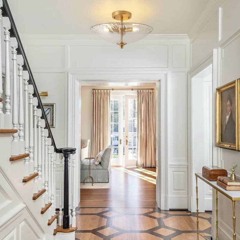 Mid-Century Brass Round Glass Bowl Semi Flush Ceiling Light 15in