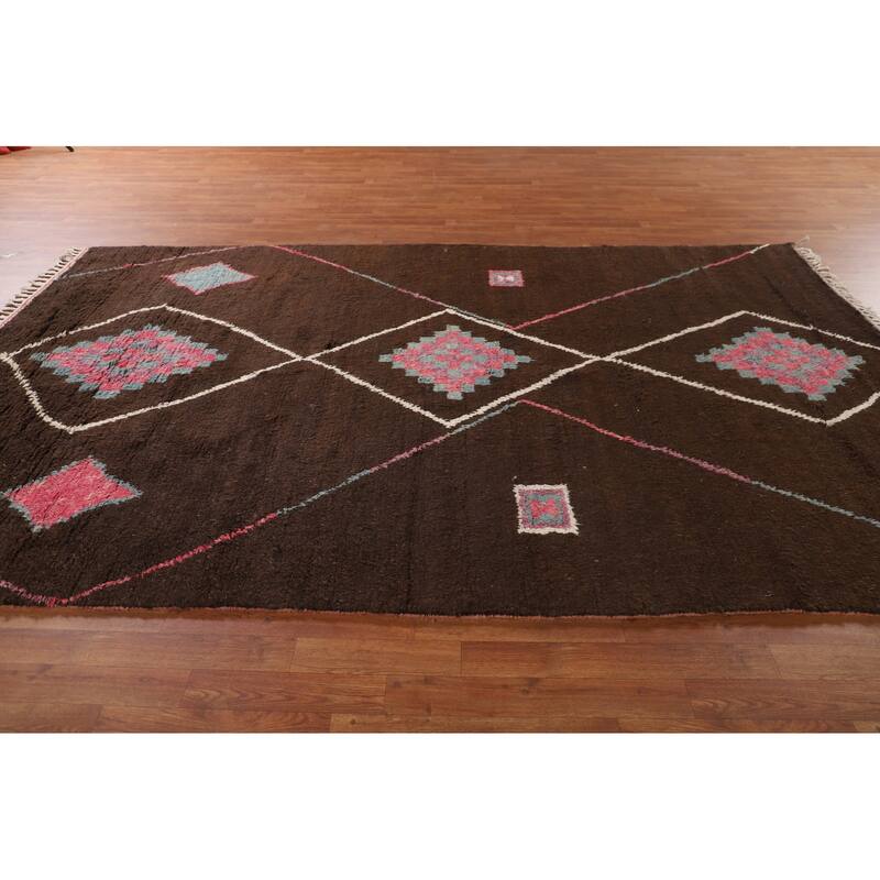 Tribal Brown Moroccan Oriental Area Rug Hand-Knotted Wool Carpet - 6'10" x 11'0"