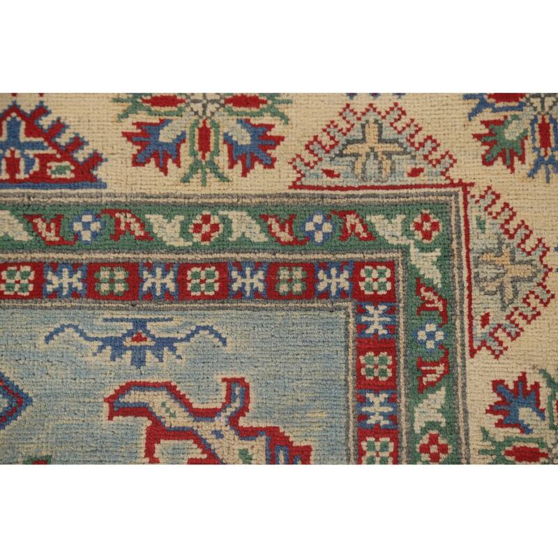Light Blue Geometric Kazak Area Rug Handmade Wool Carpet - 4'11" x 6'10"