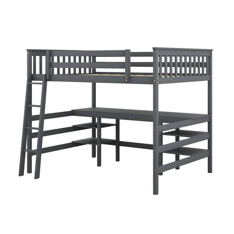 Full Size Loft Bed with Desk and Shelves Wooden Full Loft Bed