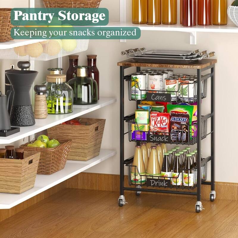 4-Tier Vegetable Fruit Basket Kitchen Storage Rolling Cart on Wheels with Pull-Out Baskets and Wood Top