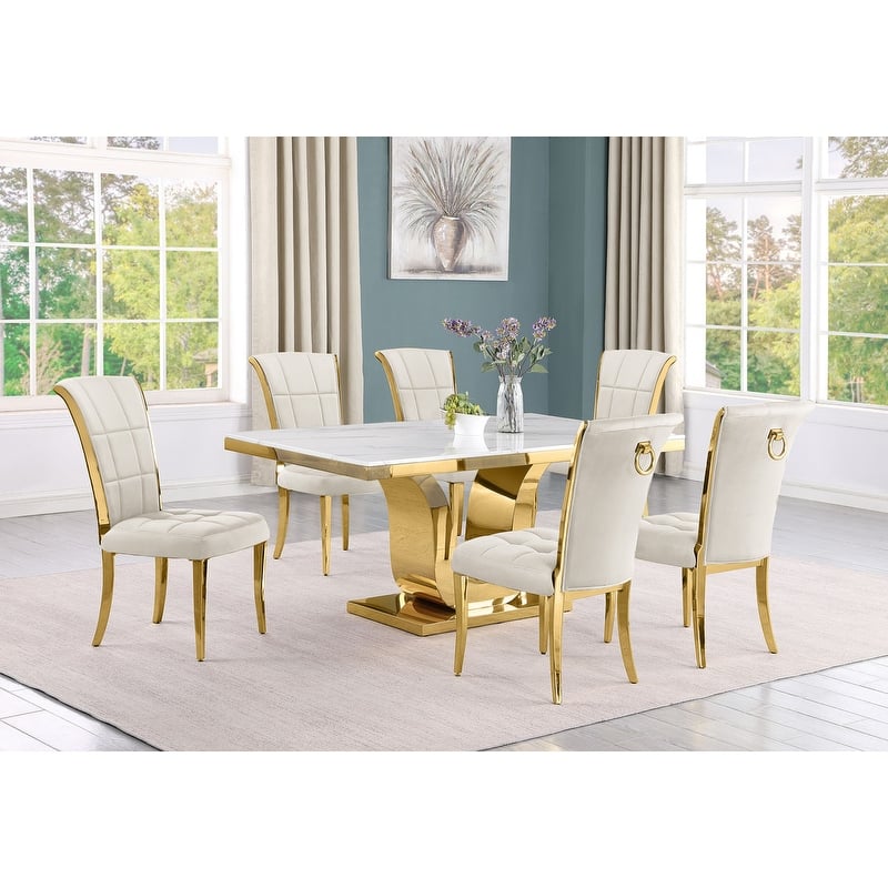 Best Quality Furniture D320-SC324-7 Dining Set with 66" White Marble Top - 7-Piece - Cream / Gold