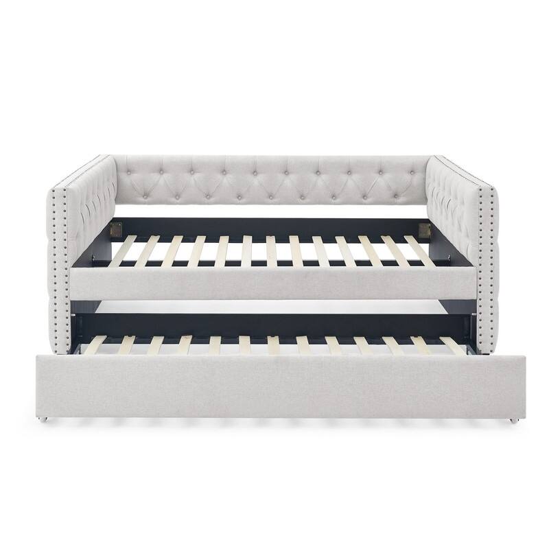 Daybed with Trundle Upholstered Tufted Sofa Bed with Button and Copper Nail on Square Arms