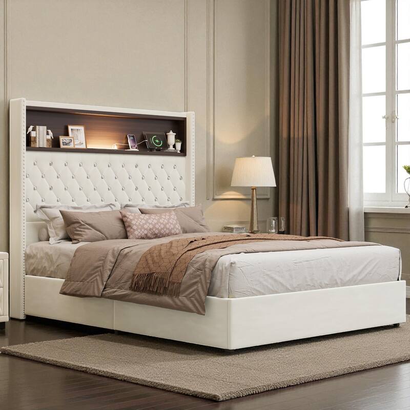 Full/Queen Velvet Tufted Bed Frame with 52" Wingback Headboard, USB Port, Night Light, Rivet Trim & Headboard Shelf