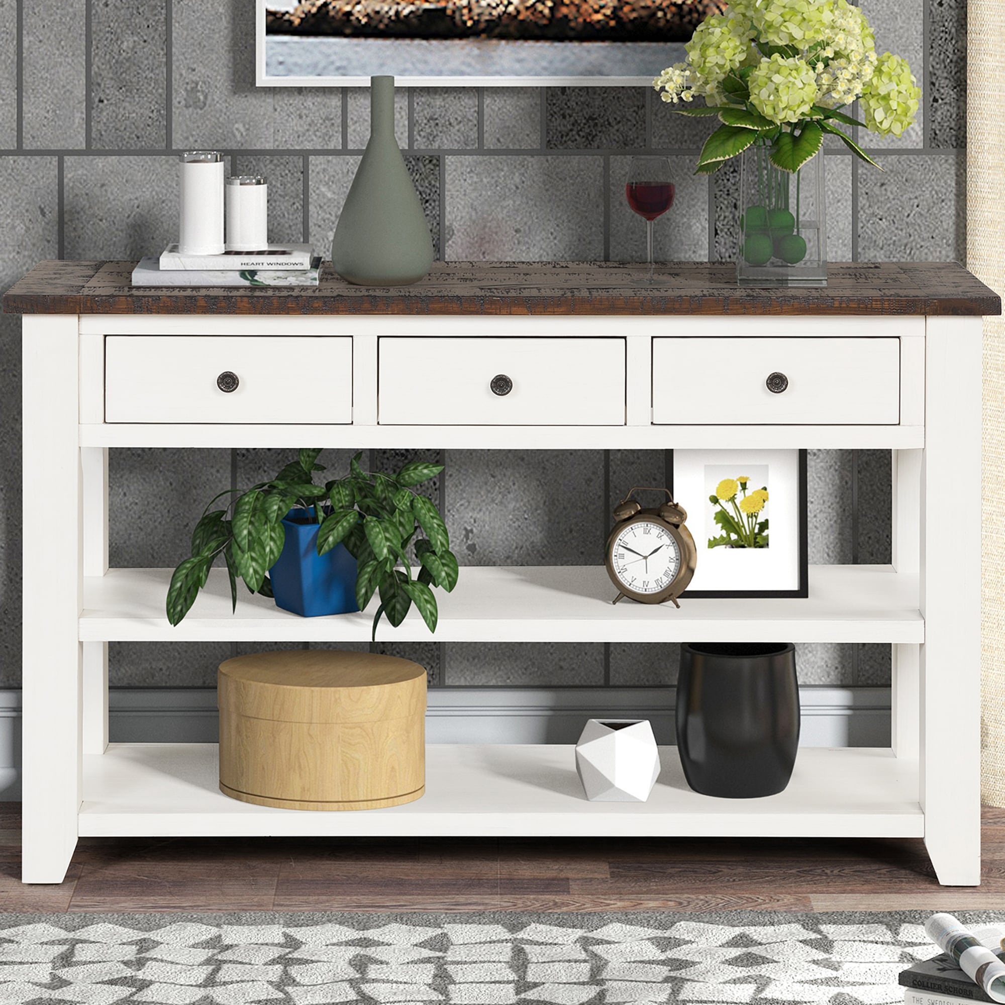 White Pine Console Table Entryway Table with Drawers and 2 Storage