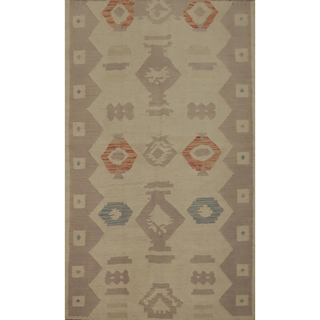 Hand Woven Oriental 100% Wool Carpet Southwestern Tribal Beige & Ivories Kilim Area Rug - 5' 11'' X 3' 11''