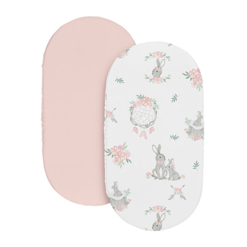 Sweet Jojo Designs Woodland Bunny Floral Girl 2 Pack Baby Bassinet Fitted Sheets - Solid Pink & Shabby Chic, Boho, Rose, Flower