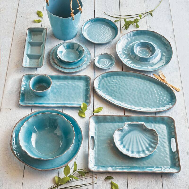 19.75L in. x 11W in. Veranda Cracked Glaze Solid Wavy Edge Melamine Serving Tray Indoor Outdoor Rectangle Aqua Blue