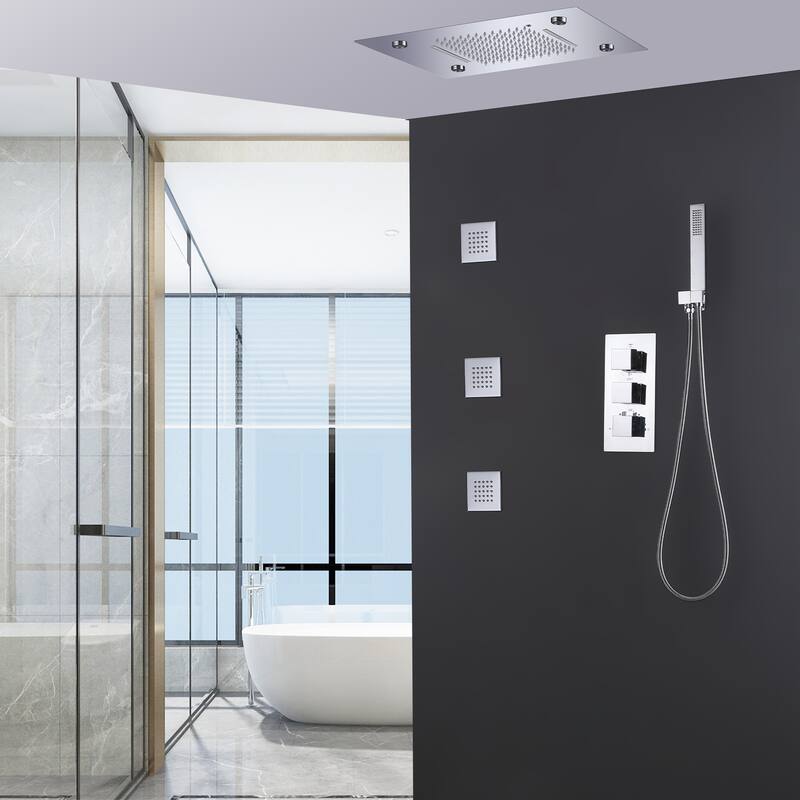 Ceiling LED 4-Way 3-Jet Complete Rain and Waterfall Shower System With Rough-in Valve