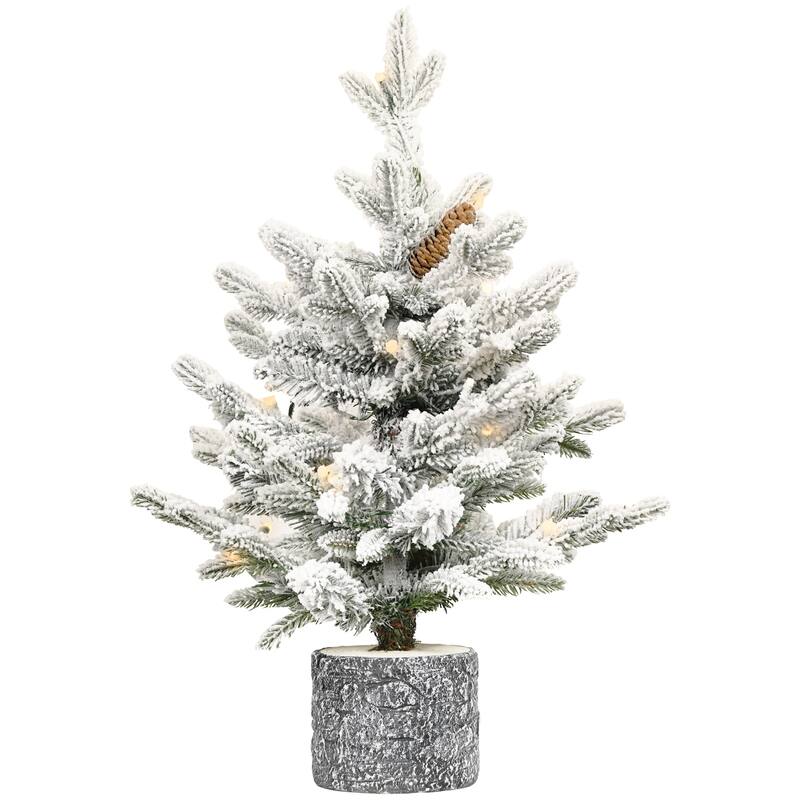 Pre-Lit Flocked Tabletop Tree - Warm White LED Lights, PE+PVC Branches, Pine Cones, Pot Base - White+Green