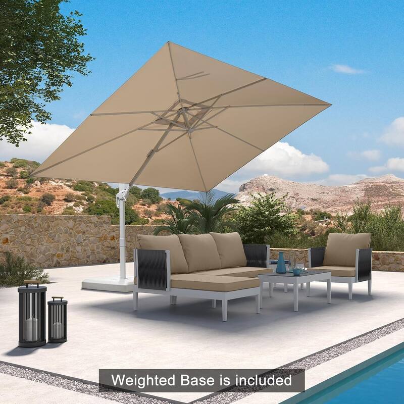 PURPLE LEAF White Rectangle Cantilever Patio Umbrella With Base - 9x11ft Beige