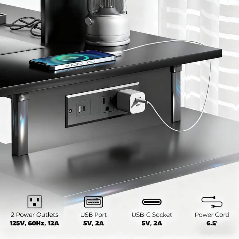 Gaming Desk with Storage and LED Lights, Computer Desk with Power Outlets USB C and Monitor Shelf for Home Office