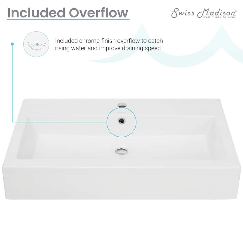 Lausanne Wide Rectangle Wall-Mount Sink In Shiny White - 32.25" x 17.3" 5.75"