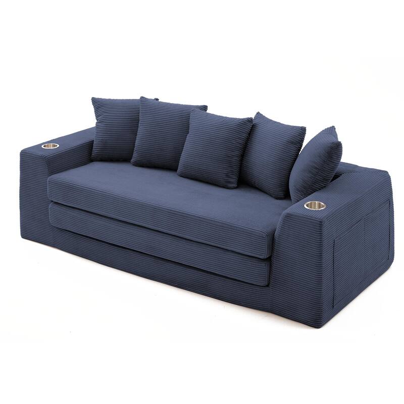 Modern Convertible Loveseat Sofa Bed, Corduroy Fabric Foldable Floor Couch w/5 Pillows, Side Pockets & Cup Holders, No Assembly