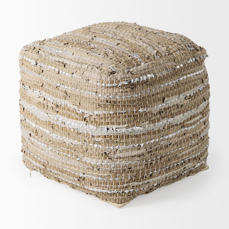 Mercana "Aadhya" Taupe & Silver Leather / Cotton Square Pouf
