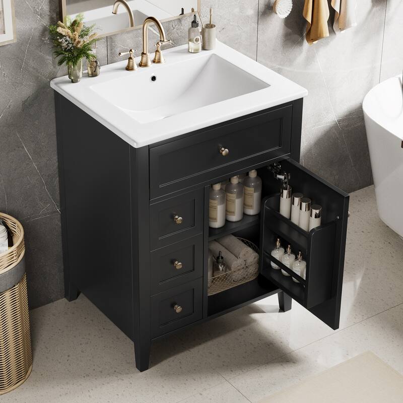 24" Bathroom Vanity With Sink, 3 Drawers & Cabinet With Adjustable Shelves, Modern Design