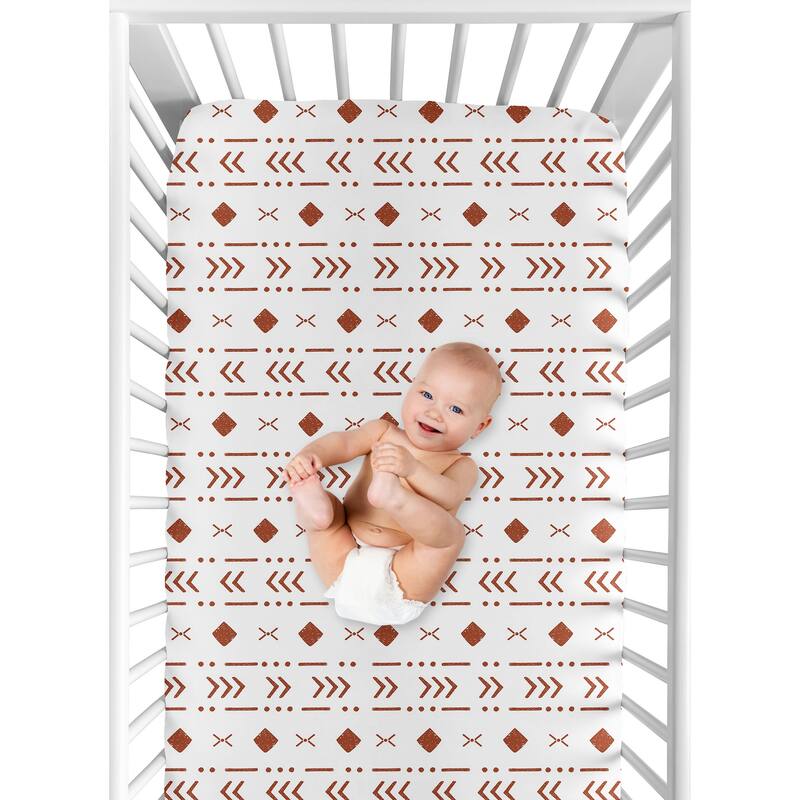 White Rust Boho Tribal Mudcloth Boy Girl Fitted Crib Sheet - Orange Woodland Bohemian Southwest Geometric Arrow Neutral Aztec