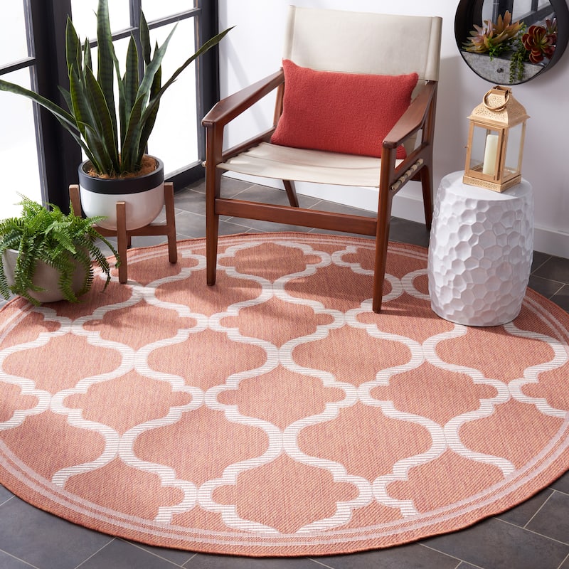 SAFAVIEH Bermuda Washable Edelt Indoor/ Outdoor Waterproof Rug - 6'7" Round - Rust/Ivory