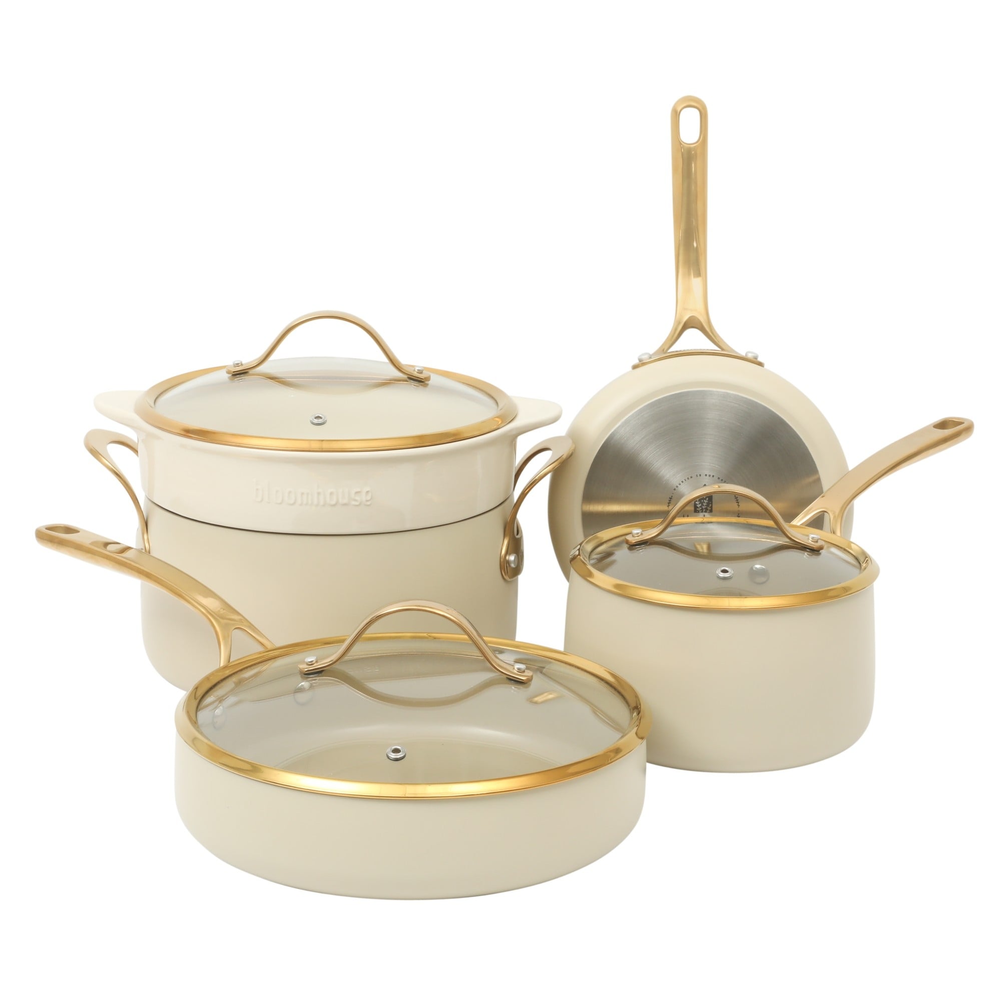 Bloomhouse 8 Piece Pots and Pans Heavy Duty Aluminum Premium PFA Free Ceramic Nonstick - Almond Cream
