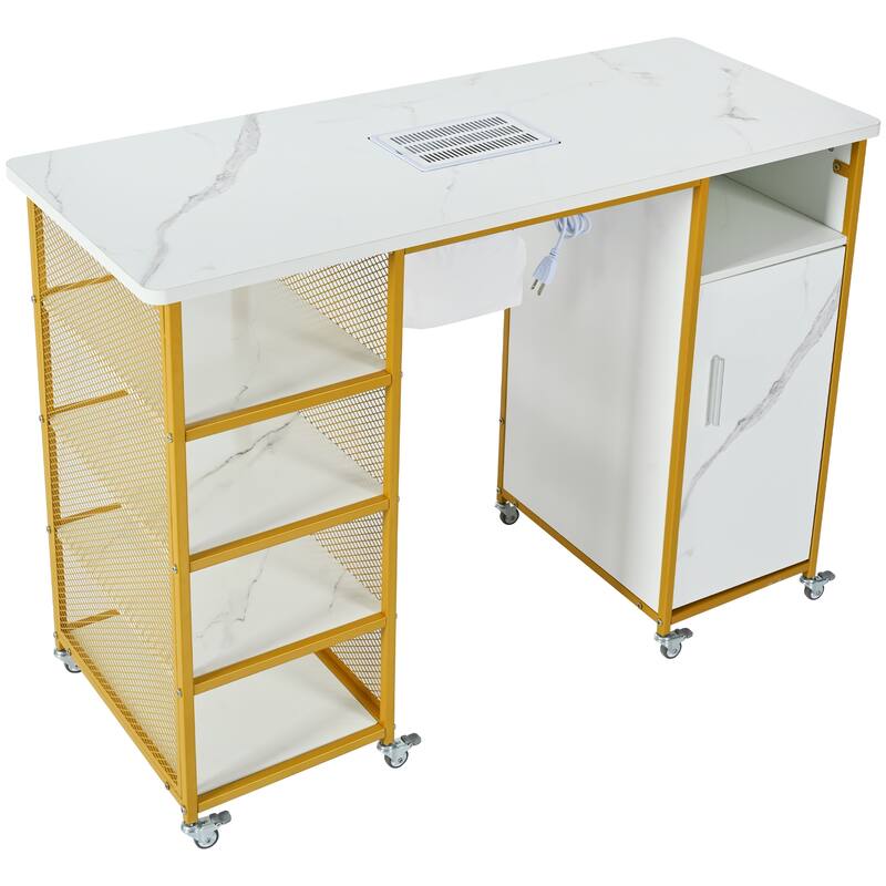 Manicure Table Marbling Texture Nail Table With Electric Downdraft Vent Wrist Cushion Lockable Wheels Storage Layers Cabinet
