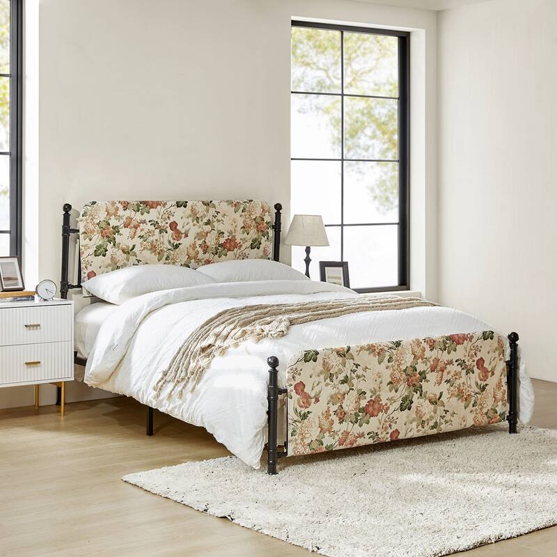 Diana Transitional 62" Floral Upholstered Platform Metal Bed Frame with Washable Slipcover by HULALA HOME