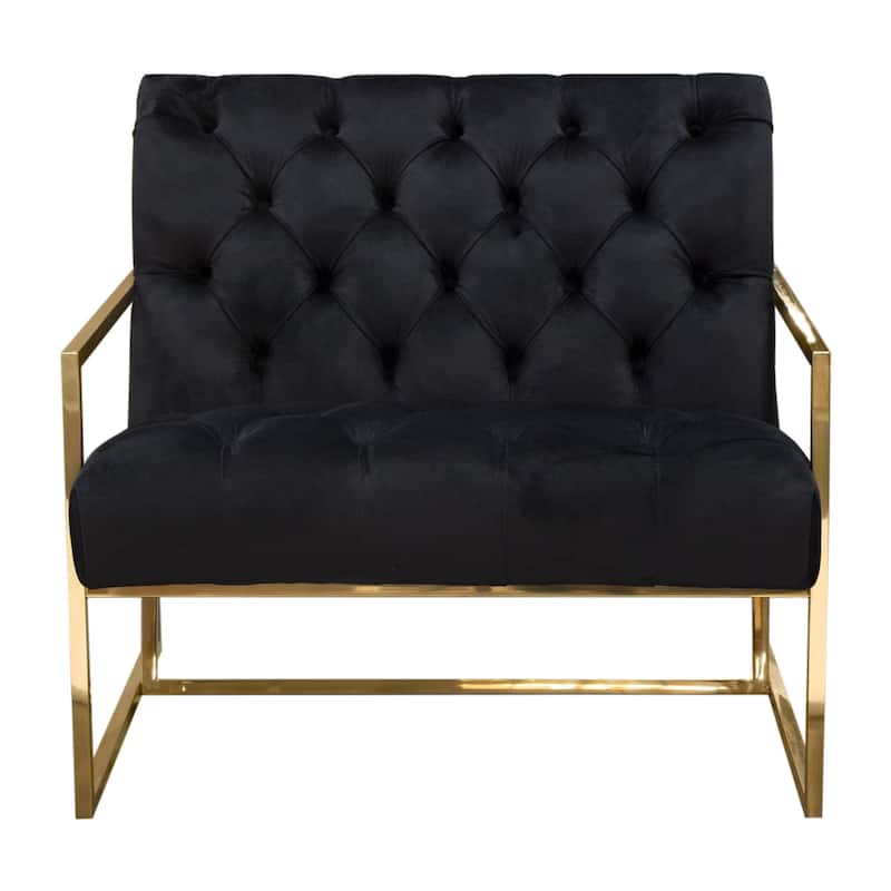 Masy Accent Armchair, Black Tufted Velvet Angled Seat and Back, Gold Legs