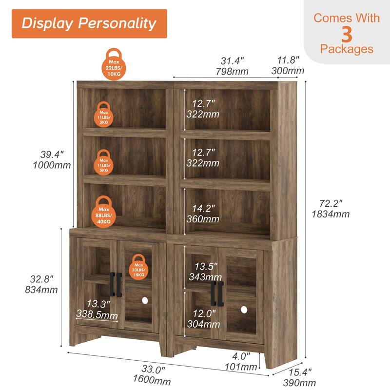 WAMPAT 3 Tier Bookshelf with Glass Door, 74" Tall Bookcase with Adjustable Shelf and Storage Cabinet, Farmhouse Wooden Bookshelf