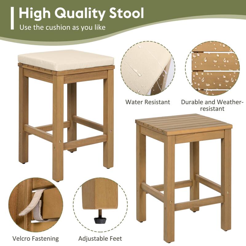 5-Piece Outdoor Patio Acacia Wood Bar Dining Set with 4 Cushioned Stools