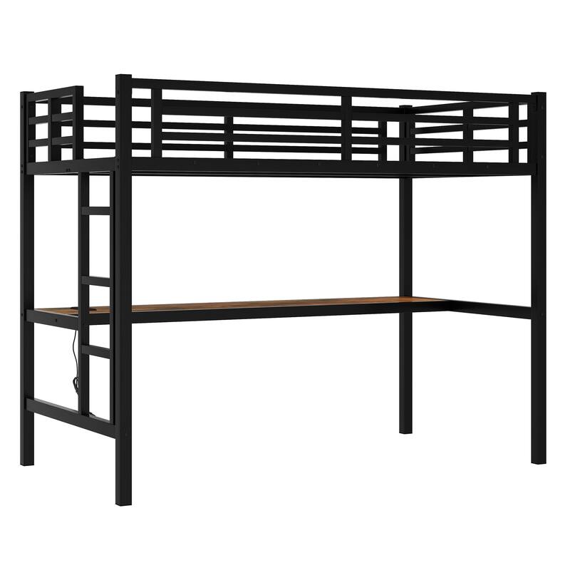 Metal Twin XL Size Loft Bed with Power Outlet and LED Lighted, Space-Saving, Noise Reduced, Black