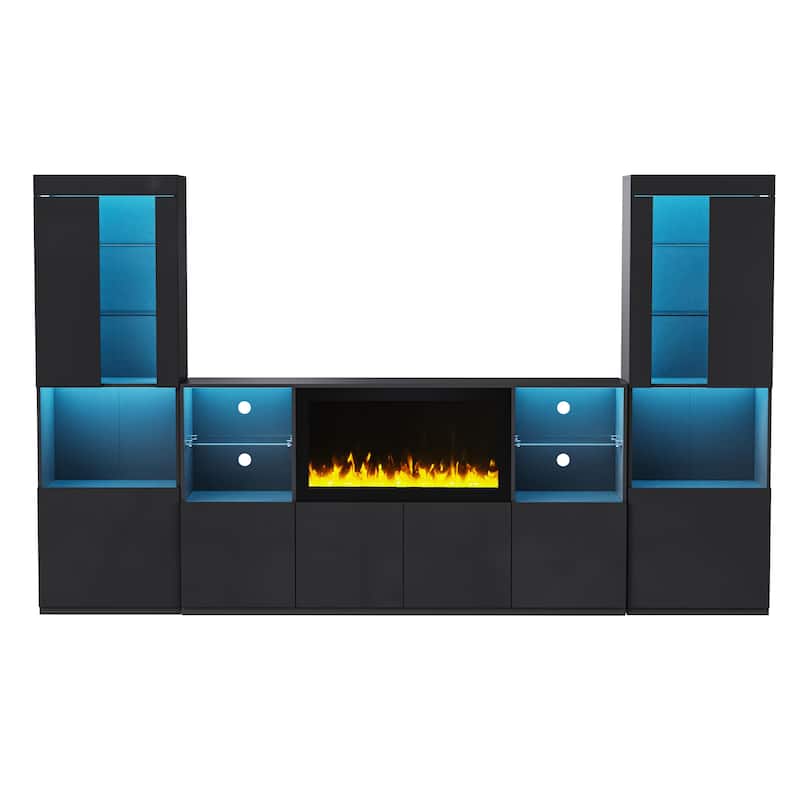 TV Stand with 34.2" Non-heating Electric Fireplace,Entertainment Center with LED Light,Tempered Glass Shelves for TVs up to 75"