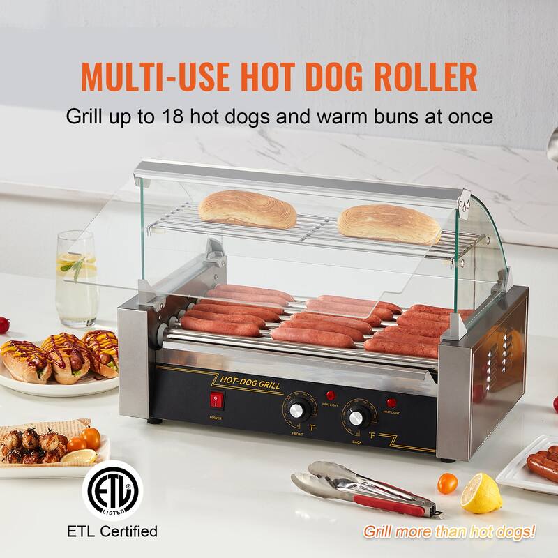 Hot Dog Roller Stainless Sausage Grill Cooker Machine with Dual Temp Control Glass Hood Acrylic Cover Bun Warmer
