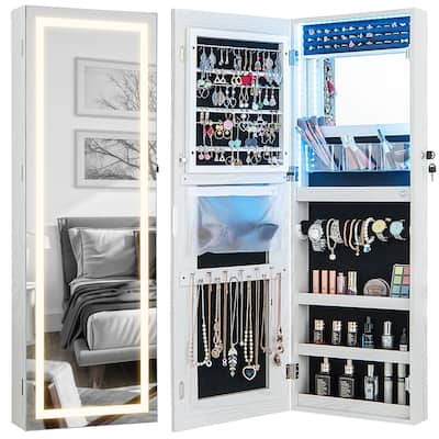 Gymax LED Mirror Jewelry Cabinet Wall/Door Mounted Organizer Armoire