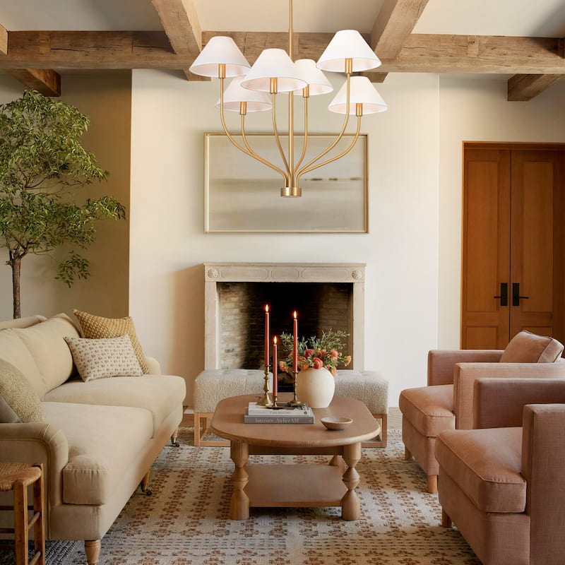 6-Light Modern Gold/Matte Black Sputnik Staggered Large Chandelier with Cone White Fabric Shade
