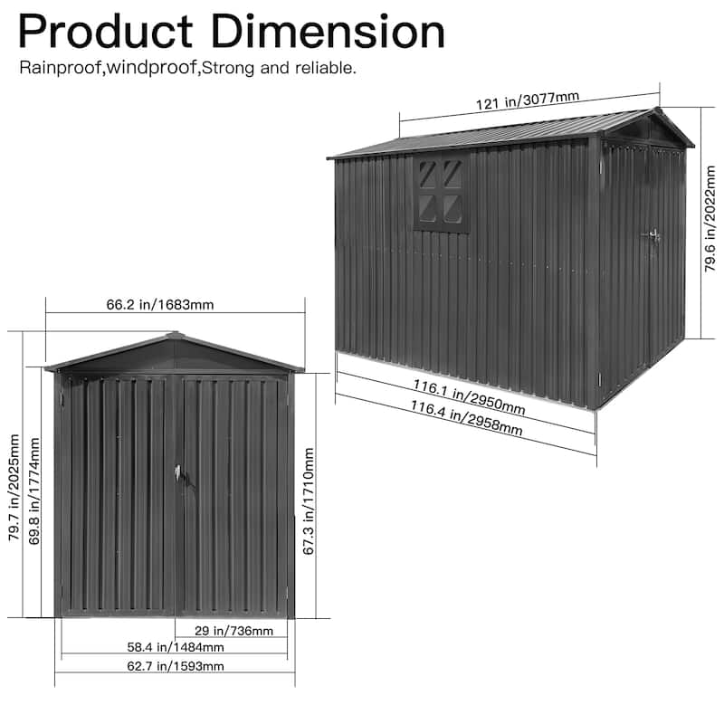 GDFStudio - Mason Clarke Motorcycle Outdoor Steel Storage Shed with Window, Tracks, and Fixtures