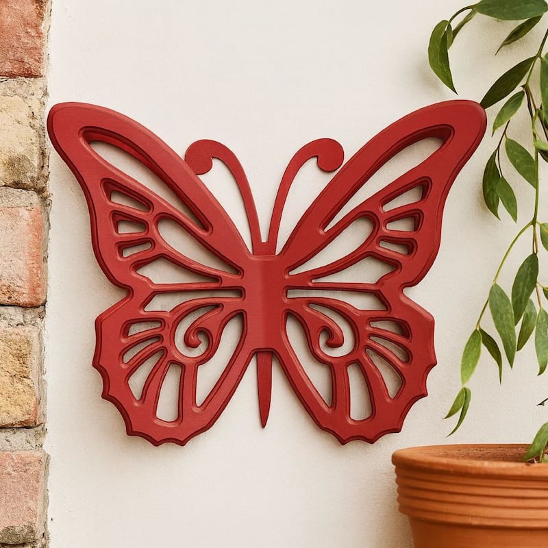 Set of 2 Wooden Butterfly Wall Plaque with Cutout Detail, Red