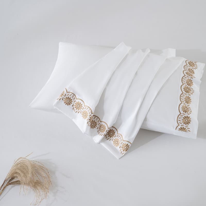 Hotel Style 200TC Cotton Percale Pillowcases, Floral Embroidery, 2Pack, 4 Patterns, 20x30"