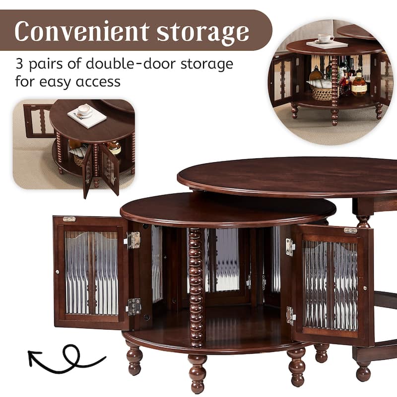 Roomfitters Vintage Round Nesting Coffee Table, Decorative Glass Doors & Beaded Legs, Retro Accent Table, Walnut