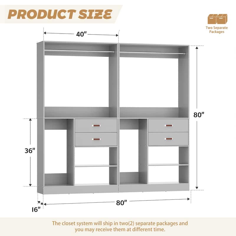 40'' Large Closet System with Shelves and 2 Drawers, Freestanding Closet Organizer with Hanging Rods