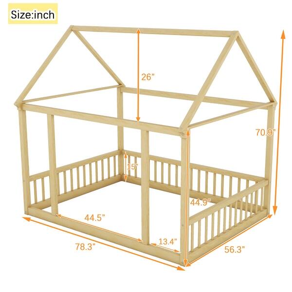 Full Size Floor Kids Bed with House Roof Frame and Guardrails, Natural