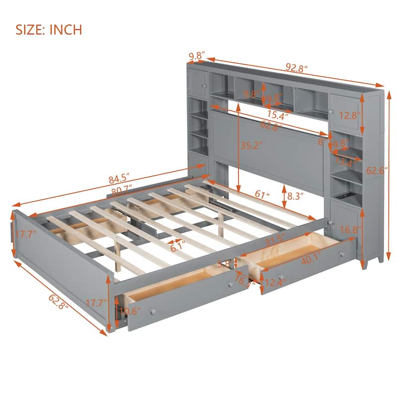Grey Wooden Queen Size Bed With Integrated Storage Cabinet, Shelf, and Drawers, USB Ports