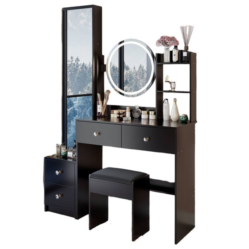 Vanity Set w/ 3-Color Light, Full Body Mirror Cabinet, Cushioned Stool