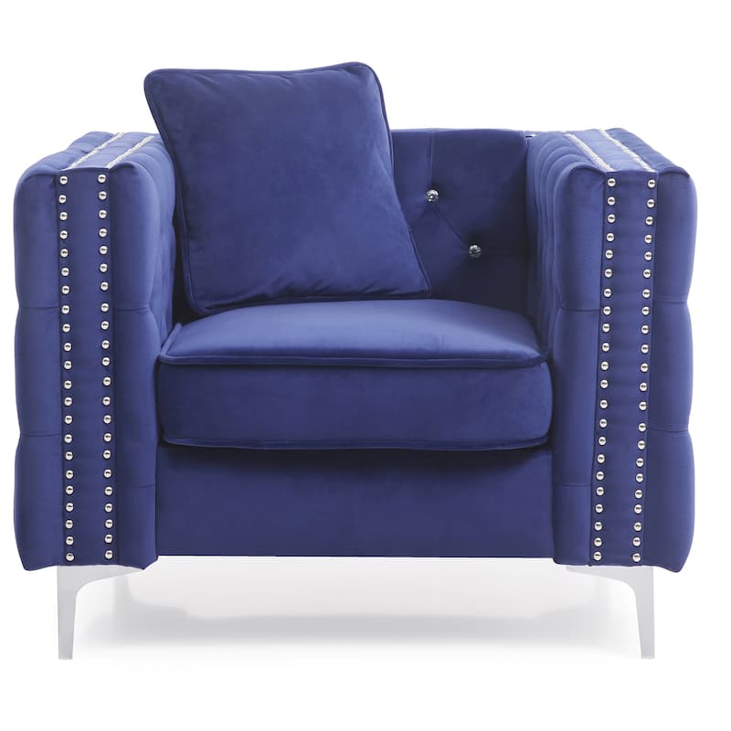 Solid Jeweled Button Tufted Accent Chair with Pillow - 40" - Blue and Silver
