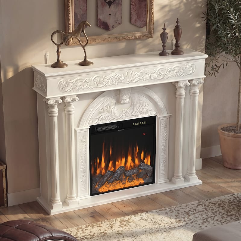 Solid Wood Electric Fireplace TV Stand with 12-Color LED Flame, White Wood Cabinet with Roman Columns, 1500W Heater